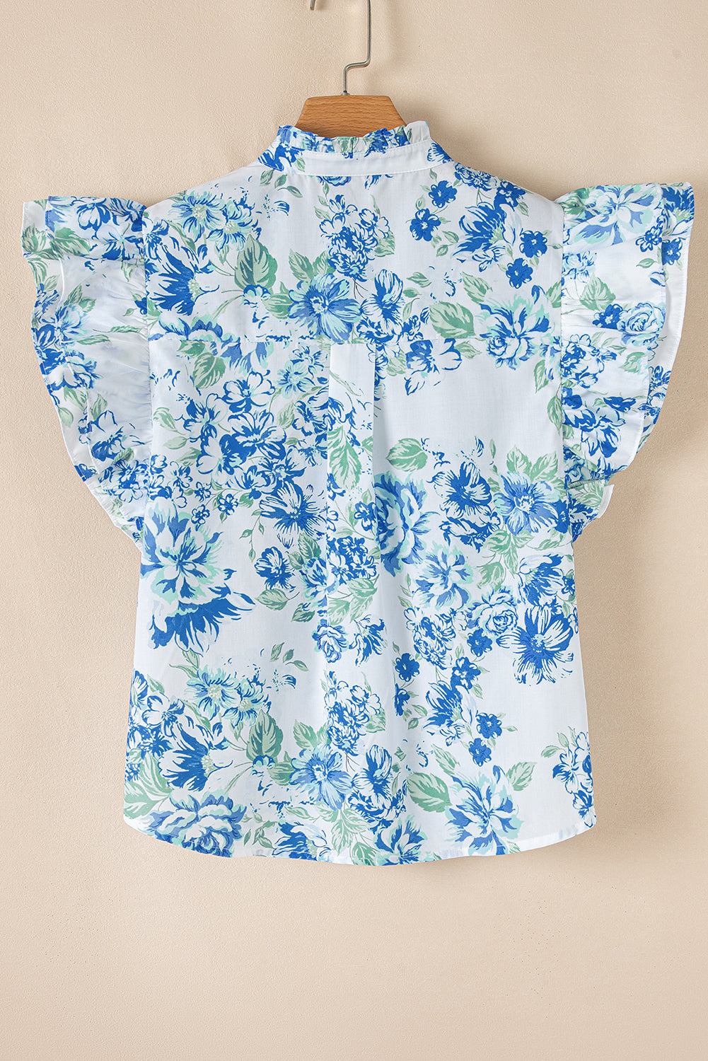 Sky Blue Floral Print Ruffle Sleeve Frill Shirt