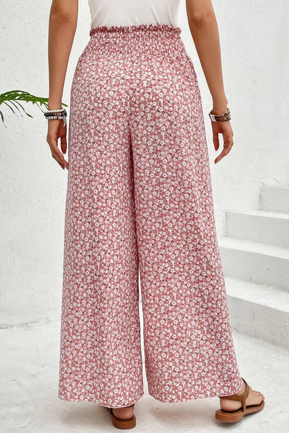 Pink Floral Shirred Side Slit Wide Leg Pants