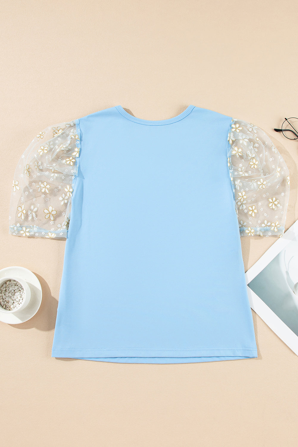 Chic Floral Mesh Puff Sleeve Slim Fit Blouse in Beau Blue