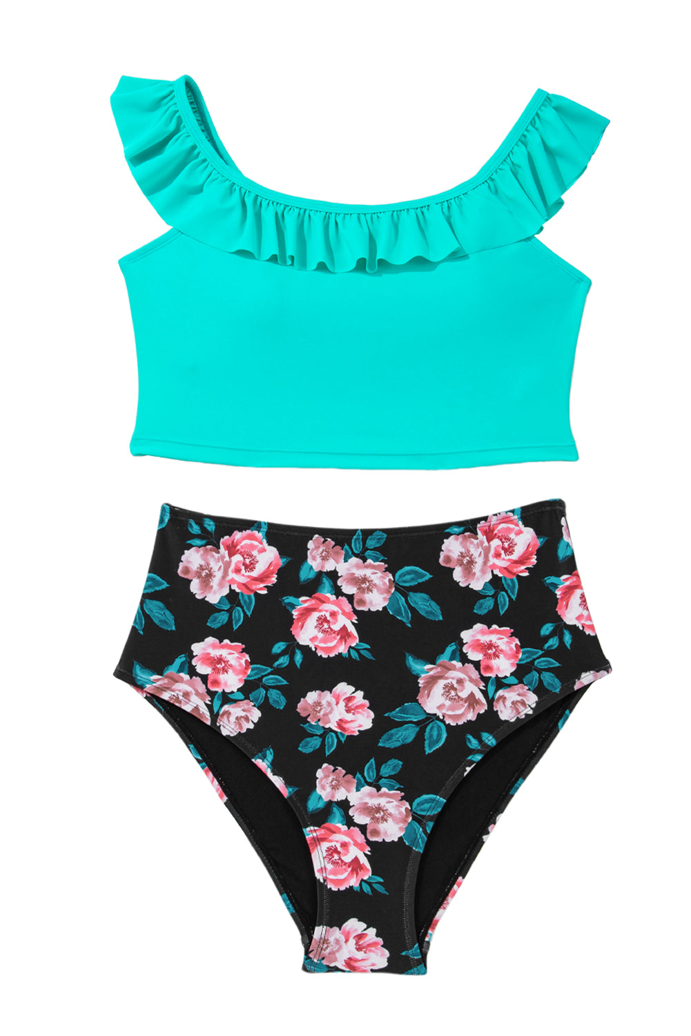 Sea Green Ruffle Square Neck Swim Top and Floral Shorts Bikini Set