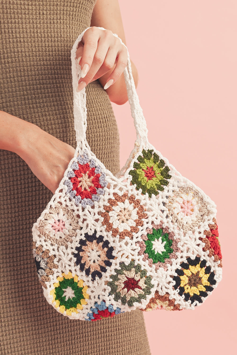 Sac fourre-tout blanc rétro au crochet floral blanc