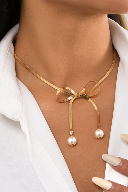 Gold Pearly Bow Collarbone Necklace for Elegant Style