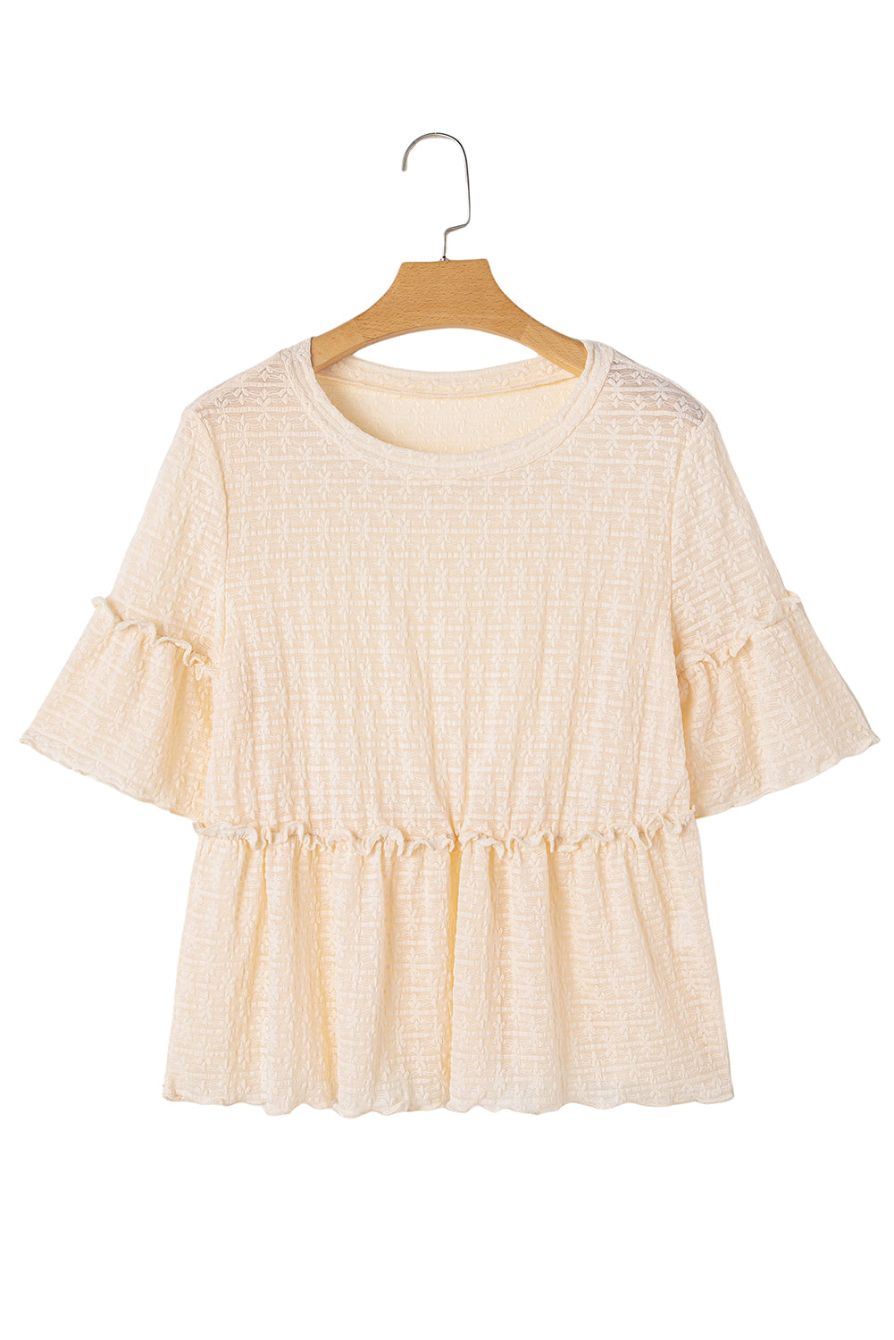 Blusa de volante con textura de encaje sólido beige