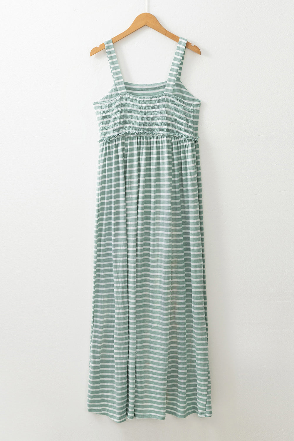 Stripe verde Shirred Camada de cintura con la cintura alta Fit Fit Maxi Vestido