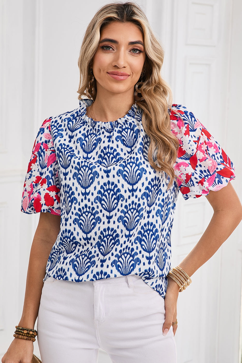 Whimsical Blue Floral Puff Sleeve Blouse with Frill Neck Detail