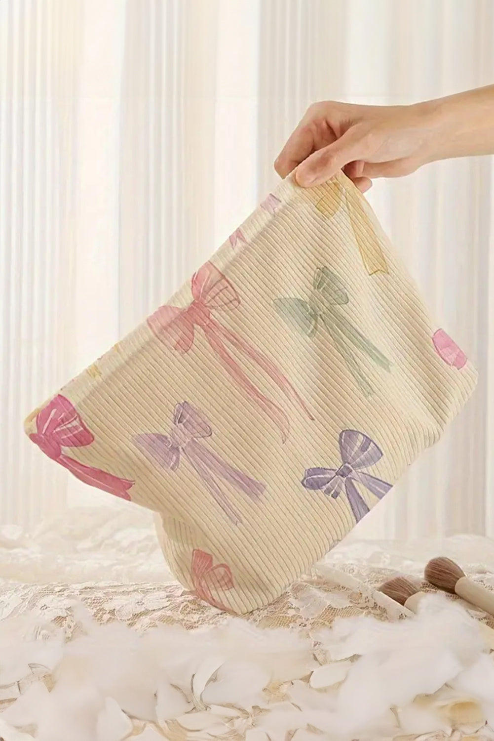 Beige Bow Print Corduroy Makeup Bag