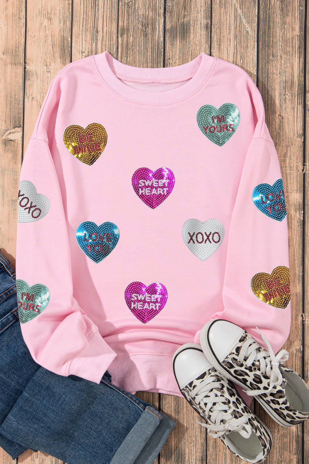 Sweatshirt mit romantischem Herz-Print und Pailletten in Rosa für Valentinstag