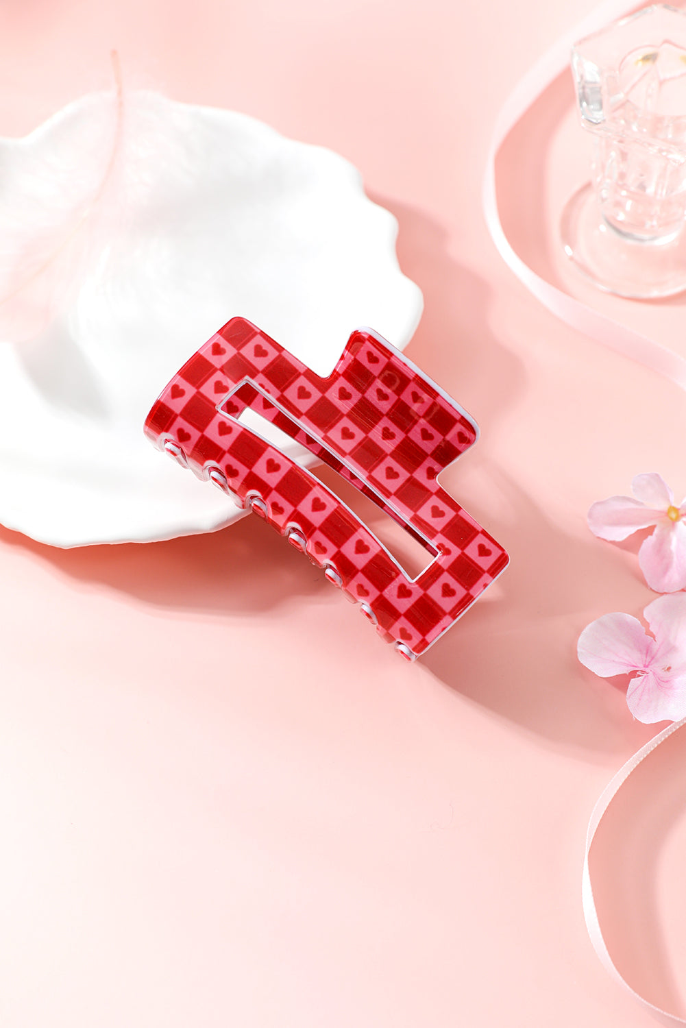 Racing Red Heart Print Checkered Hair Clip