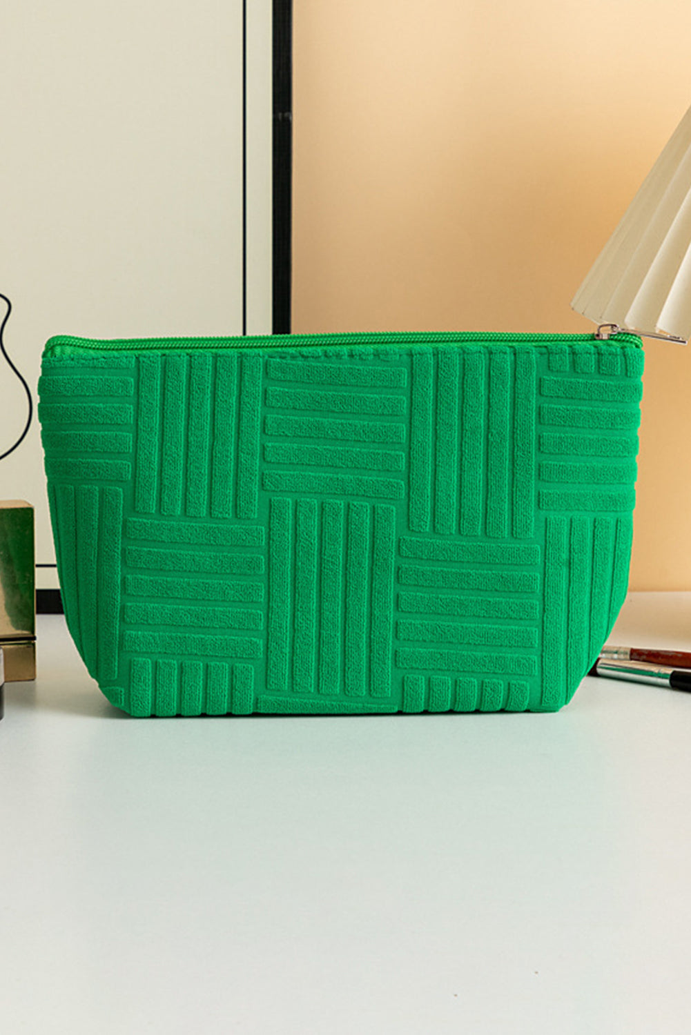 Chic Dark Green Textured Cosmetic Organizer with Zipper Closure