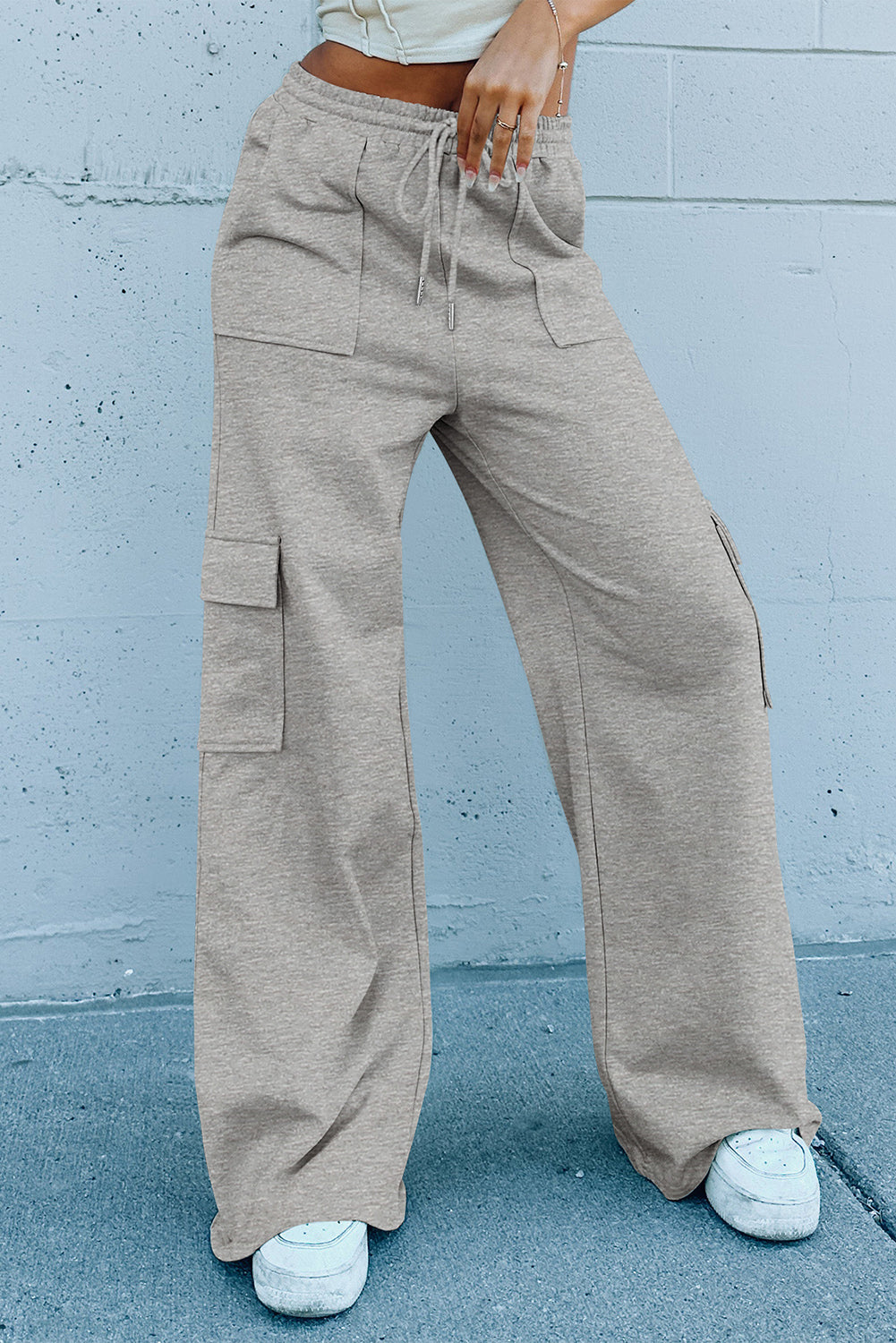 Multi poches gris clair pantalon d'entraînement à la taille haute hauteur