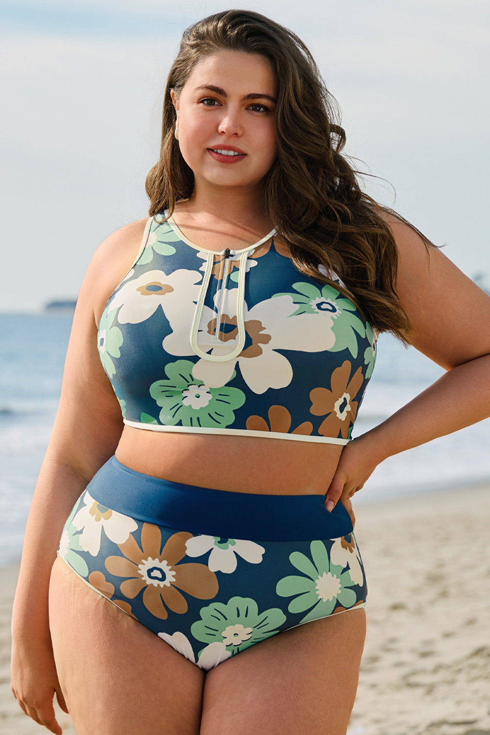 Estampado floral verde con cremallera de talla grande dos piezas bikini