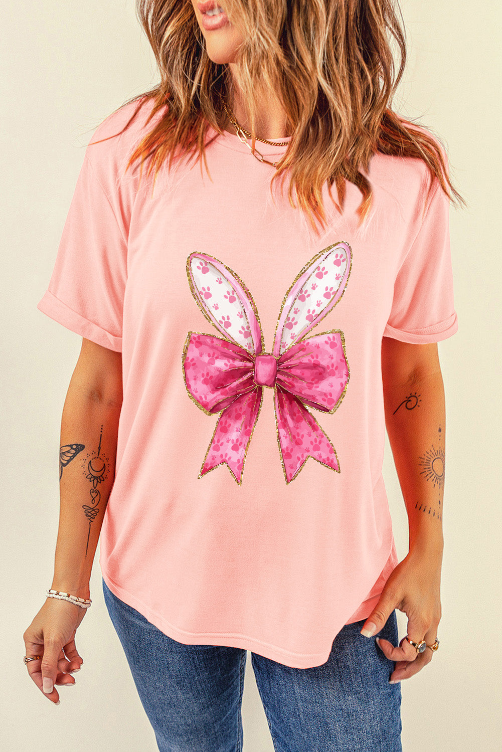 Pink Paw Printed Bow Bunny Easter Day Fashion T Shirt