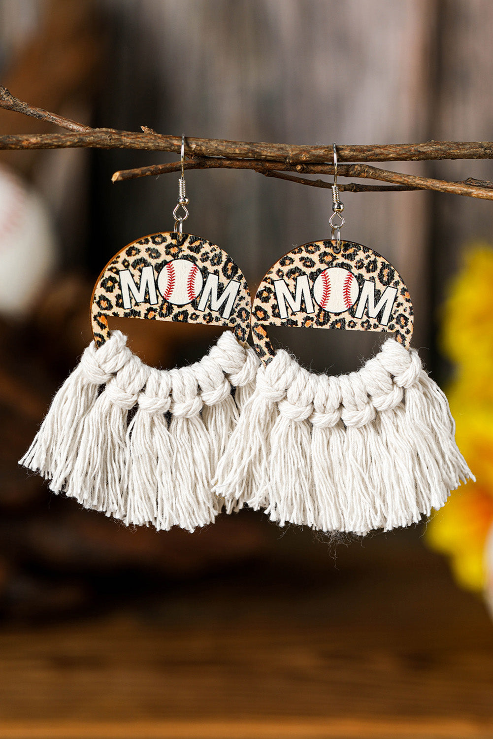 White Leopard Rugby MOM Print Fringed Hook Earrings Trendy