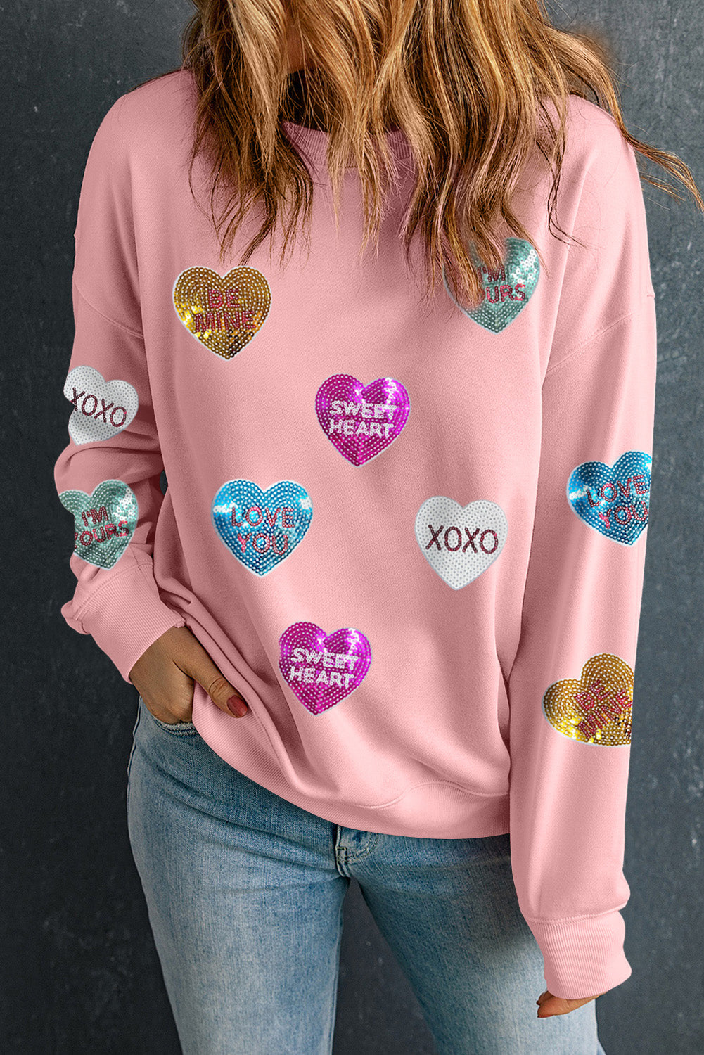 Sweatshirt mit romantischem Herz-Print und Pailletten in Rosa für Valentinstag