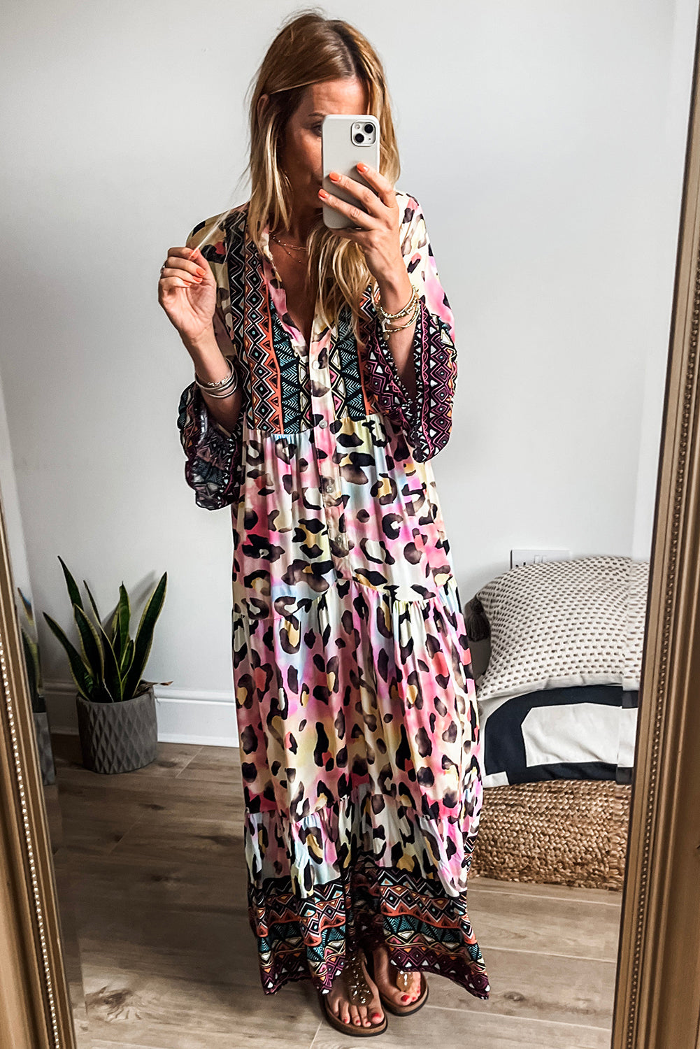 Fierce Pink Leopard Print Tiered Maxi Dress with 3/4 Sleeves