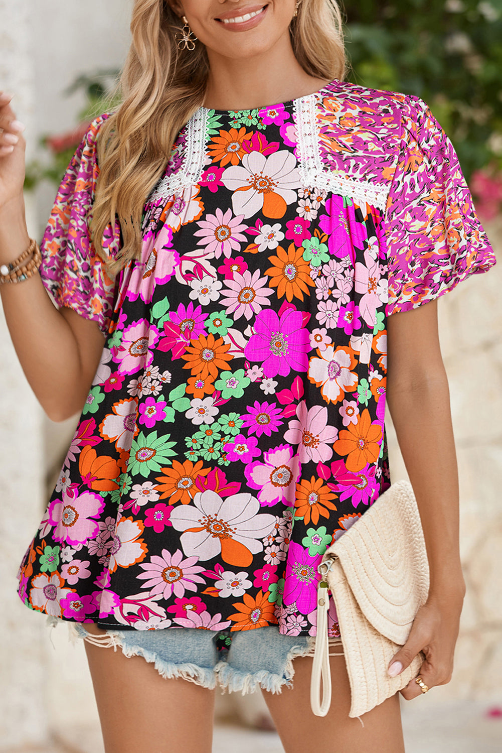 Floral Lace Trim Blouse with Playful Bubble Sleeves in Rose Red