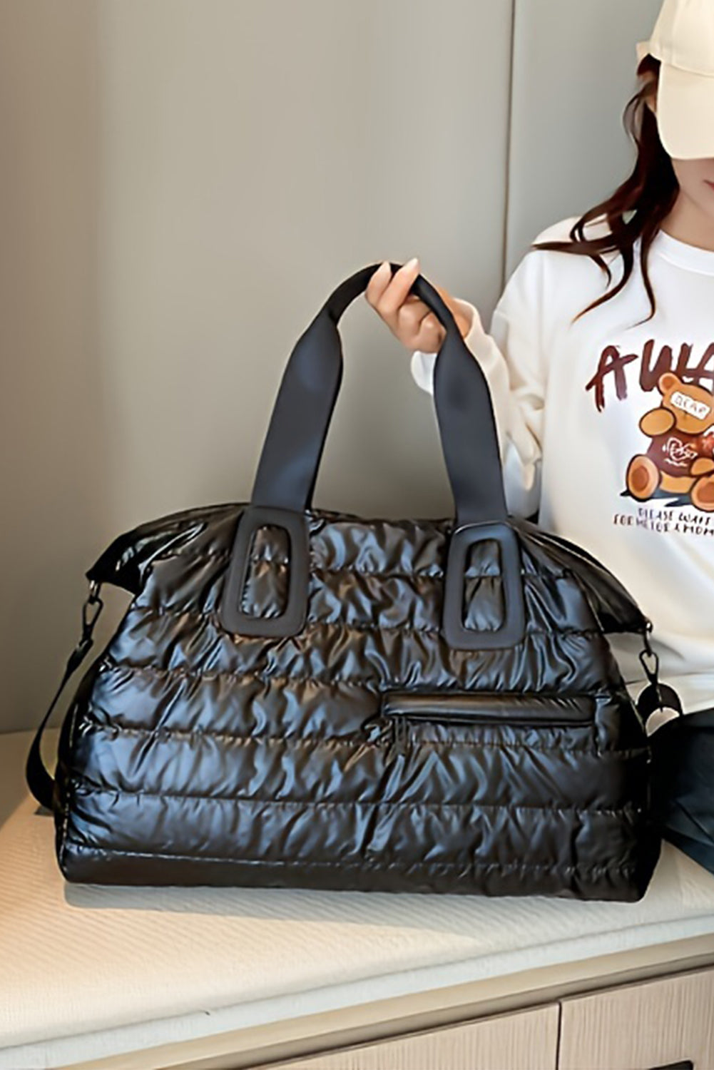 Black Puffy Quilted Tote Bag