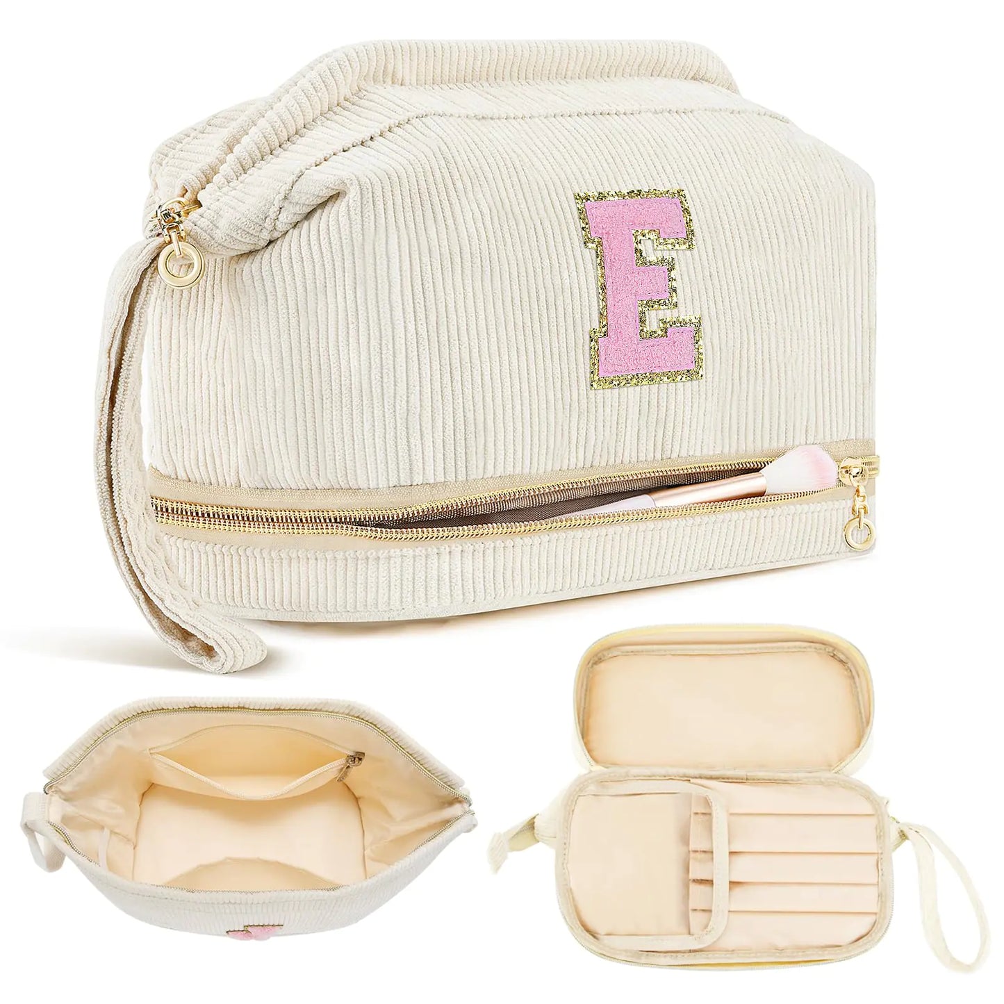 Cadeaux pour femmes filles sac à maquillage initial voyage de maquillage de maquillage sac double couche sac de cosmétique sac preppy sac qui pour sa mère copine professeur 12 13 14 15 16 ans adolescents cadeaux tendance - e