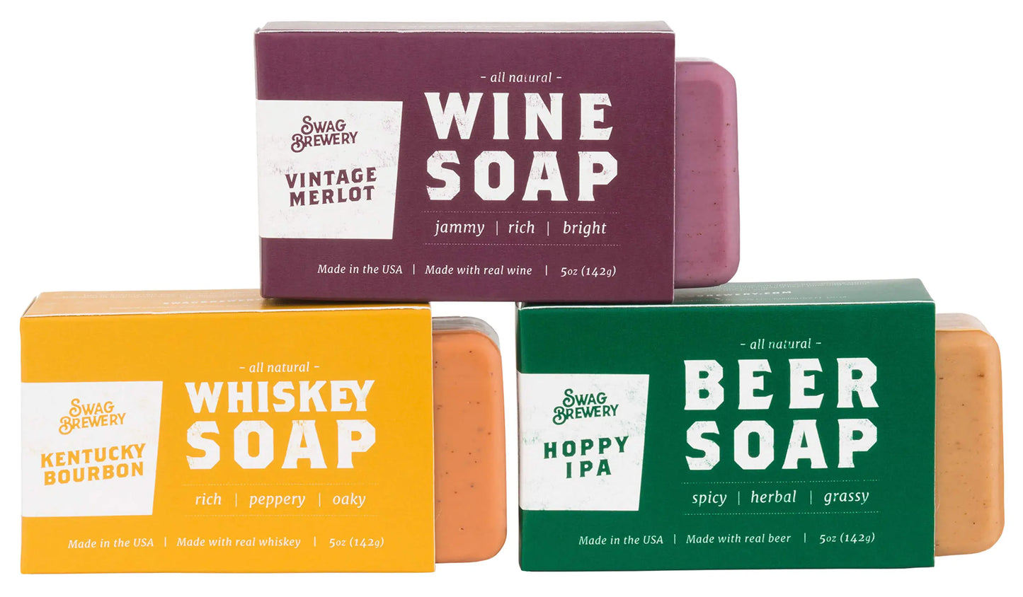 Swag Brewery BOOZY SOAP - Great Gift for Wine Whiskey and Beer Drinkers -Made in USA- (3-Pack (Wine + Whiskey + Beer))