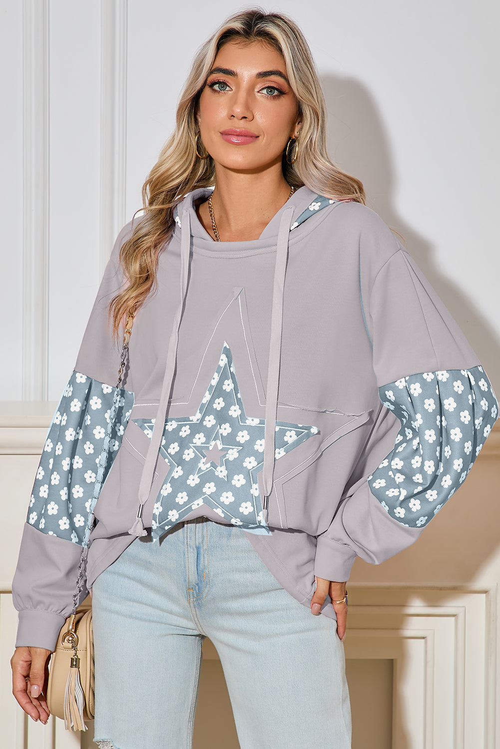 Delicacy Floral Patchwork Star Pattern Drawstring Hoodie