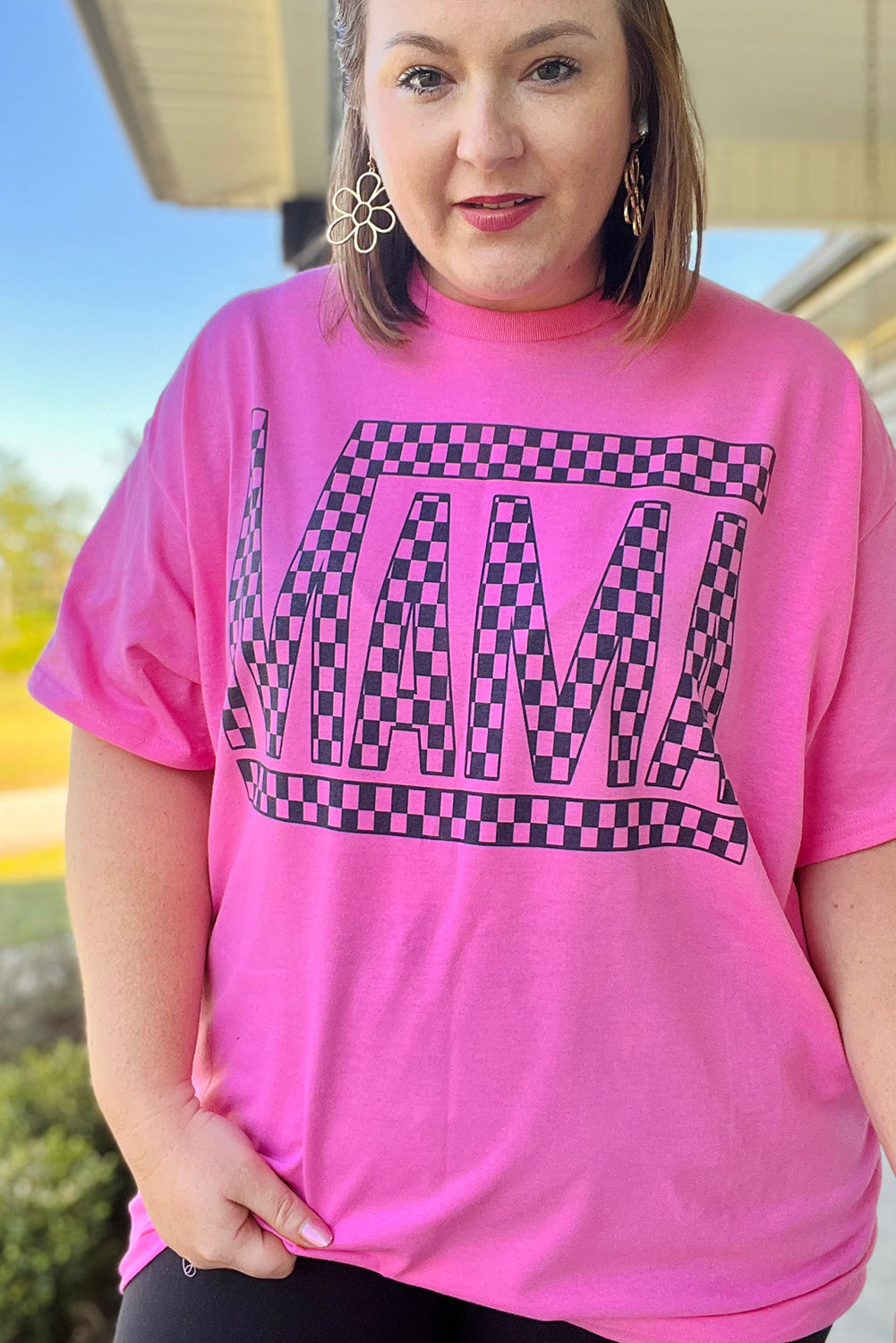 Bright Pink Checkered MAMA Letter Print Plus Size T Shirt