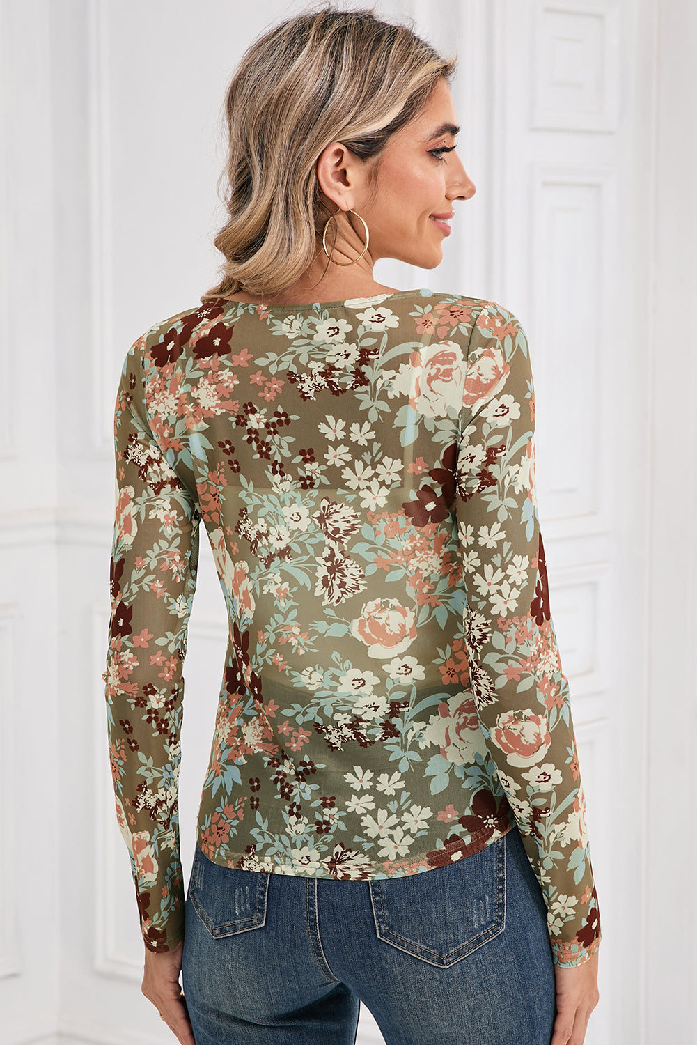 Green Floral Print Mesh Long Sleeve Top