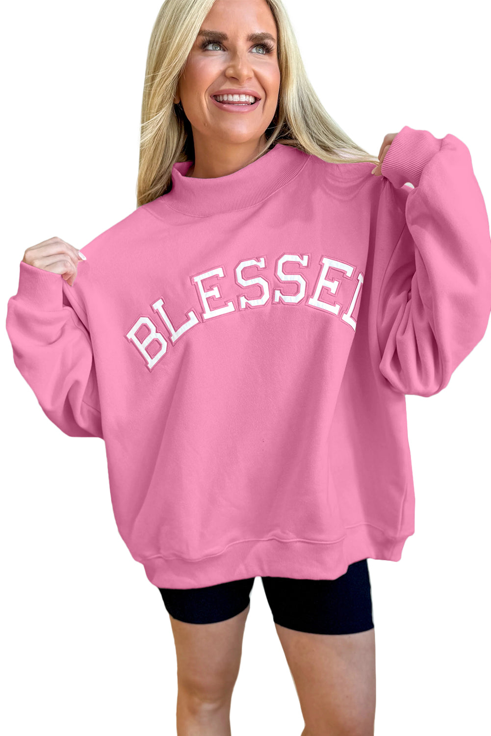 Light Pink Oversize Blessed Embroidered Mock Neck Sweatshirt