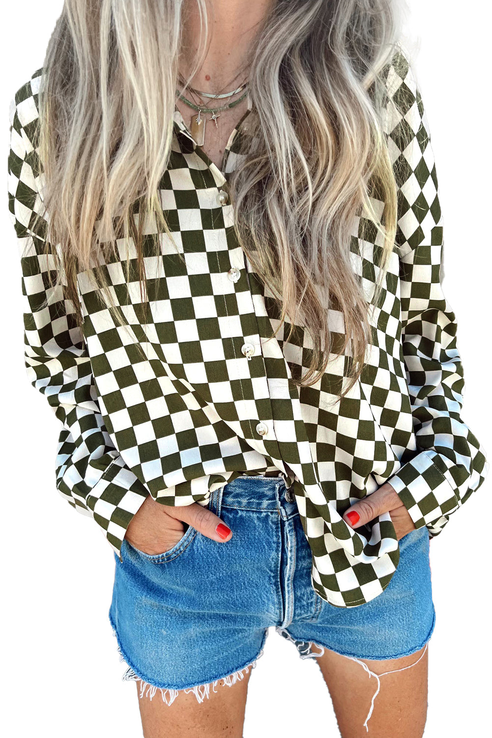 Green Checkerboard Print Drop Shoulder Loose Blouse