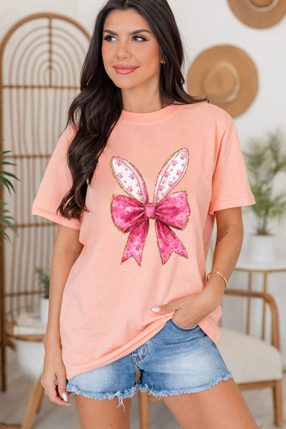 Pink Paw Printed Bow Bunny Easter Day Fashion T Shirt