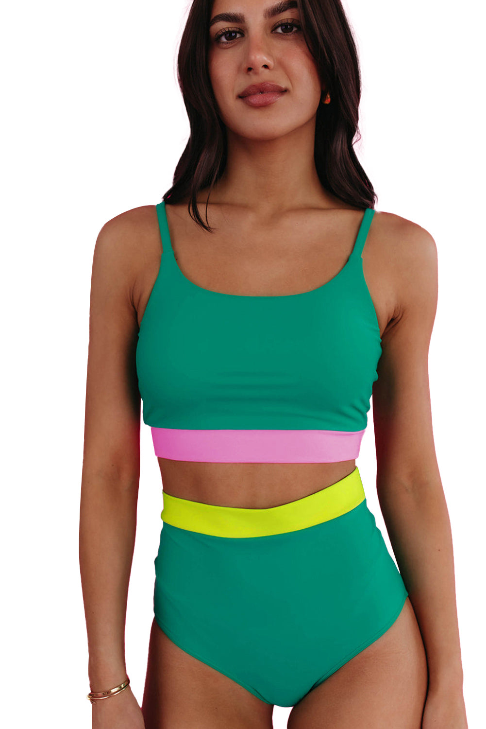 Trim à contraste vert de mer Colorblock à taille haute les maillots de bain en bikini