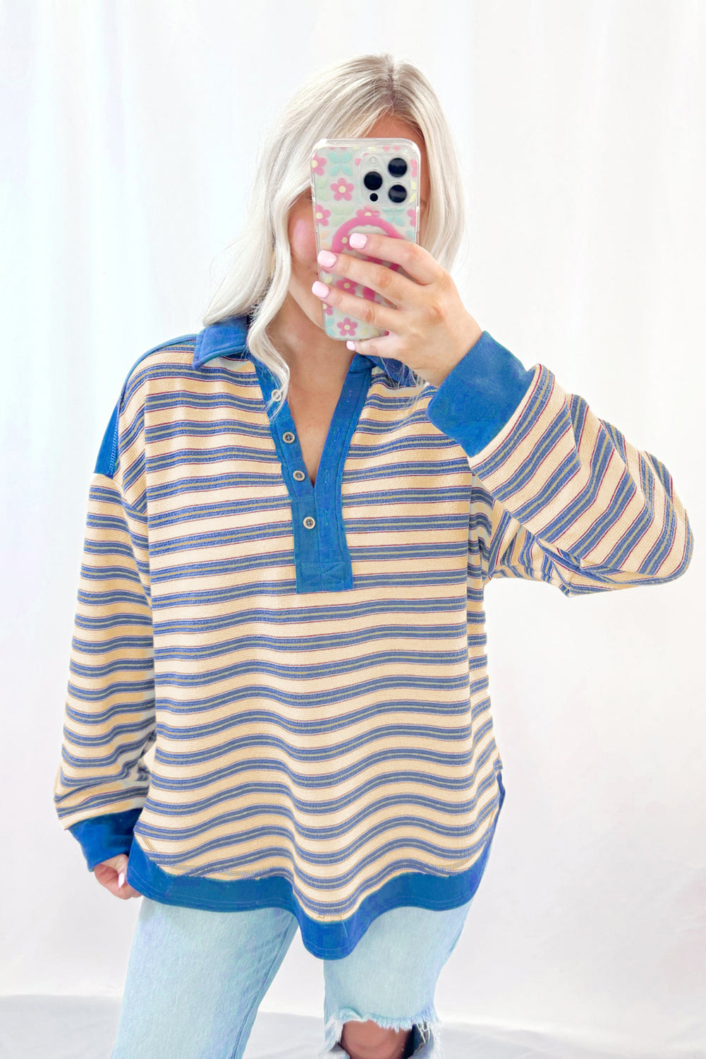 Pink Stripe Collared V Neck Drop Shoulder Top