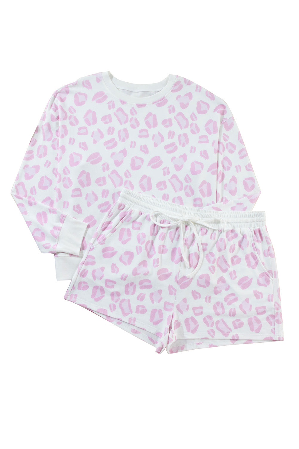 Pink Leopard Print Plus Size Long Sleeve Top and Shorts Set