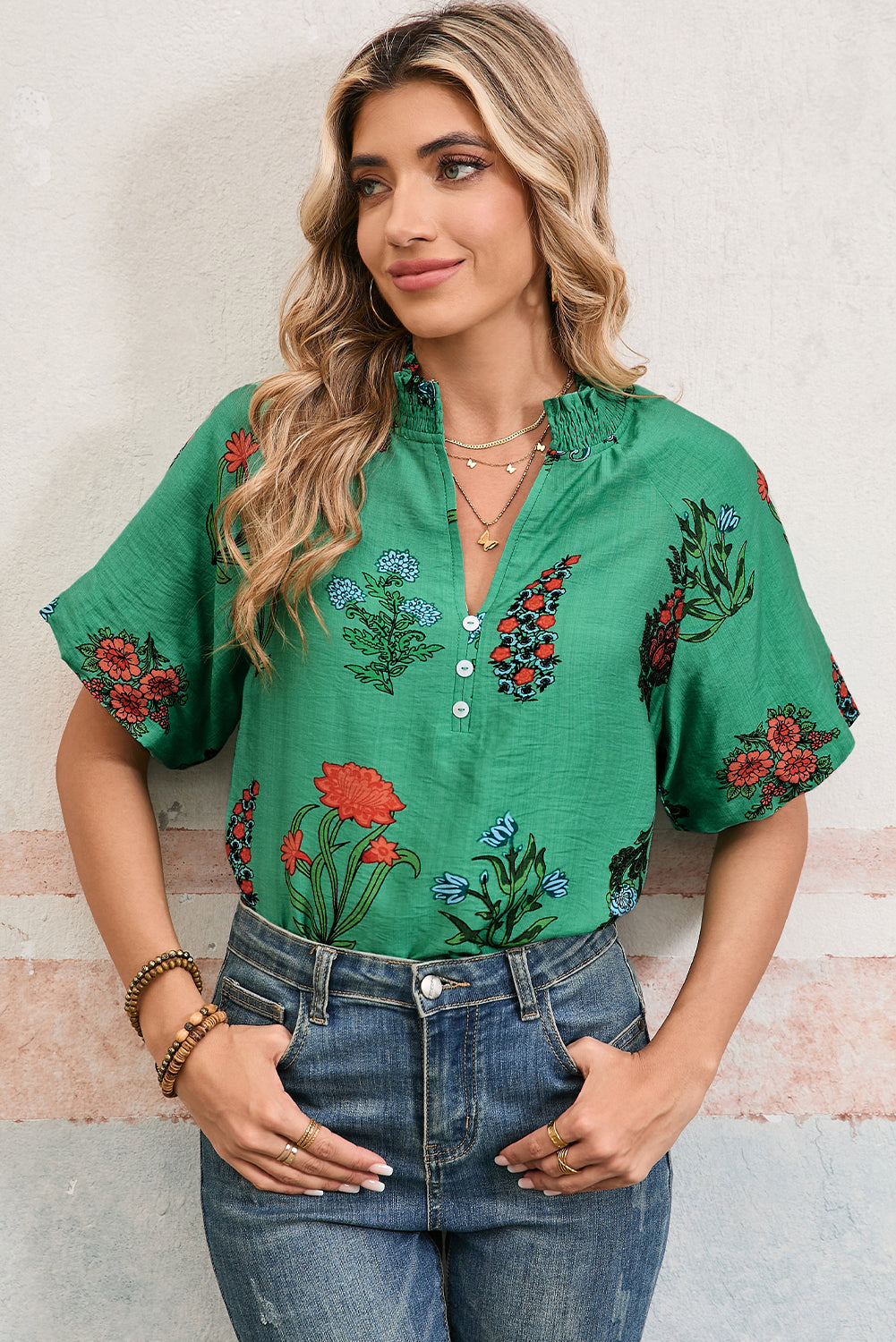 Bright Green Floral Button V-Neck Blouse