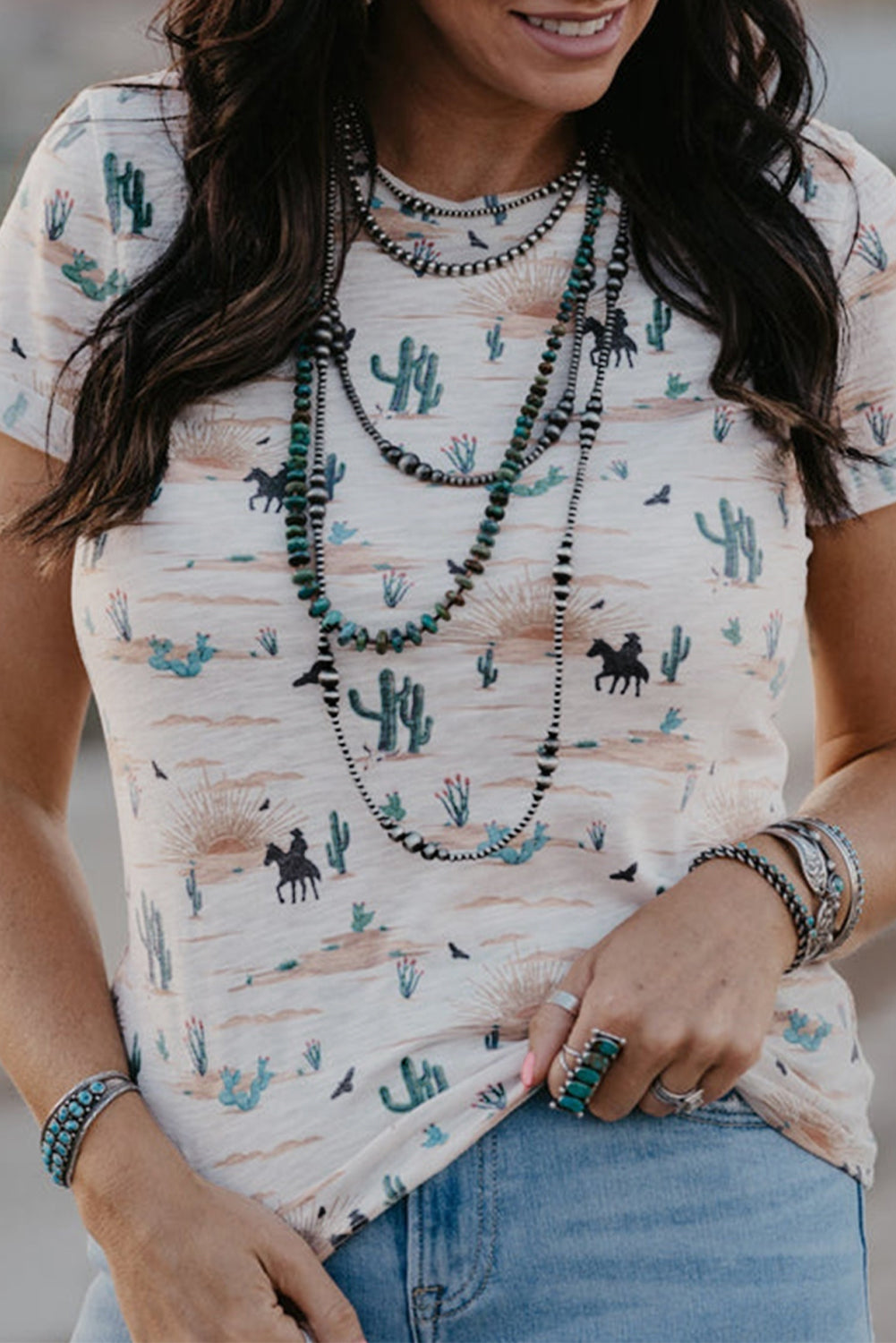 Beige Western Cactus Graphic Crew Neck Tee