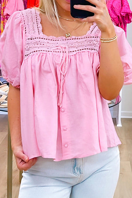 Blush Pink Lace Patchwork Puff Sleeve Square Neck Blouse