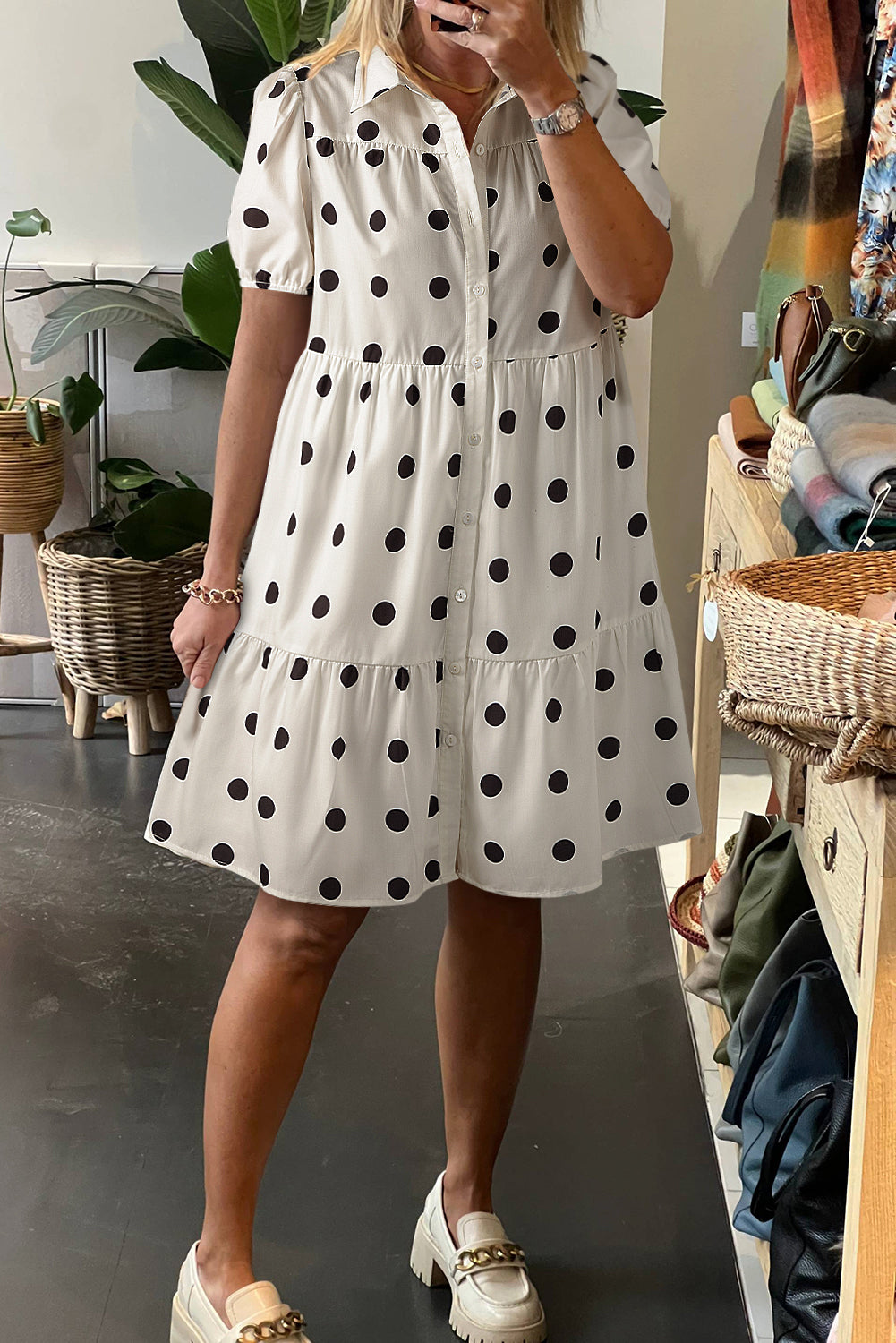 Charming White Polka Dot Tiered Babydoll Dress with Short Sleeves and Button Front