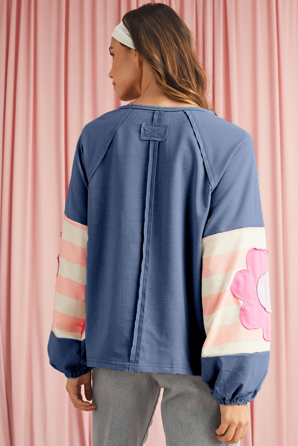 Sail Blue Flower Patchwork Exposed Seam Raglan Sleeve Top