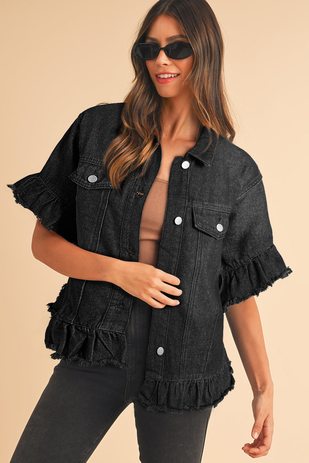 Peacock Blue Ruffled Denim Jacket with Raw Hem and Short Sleeves