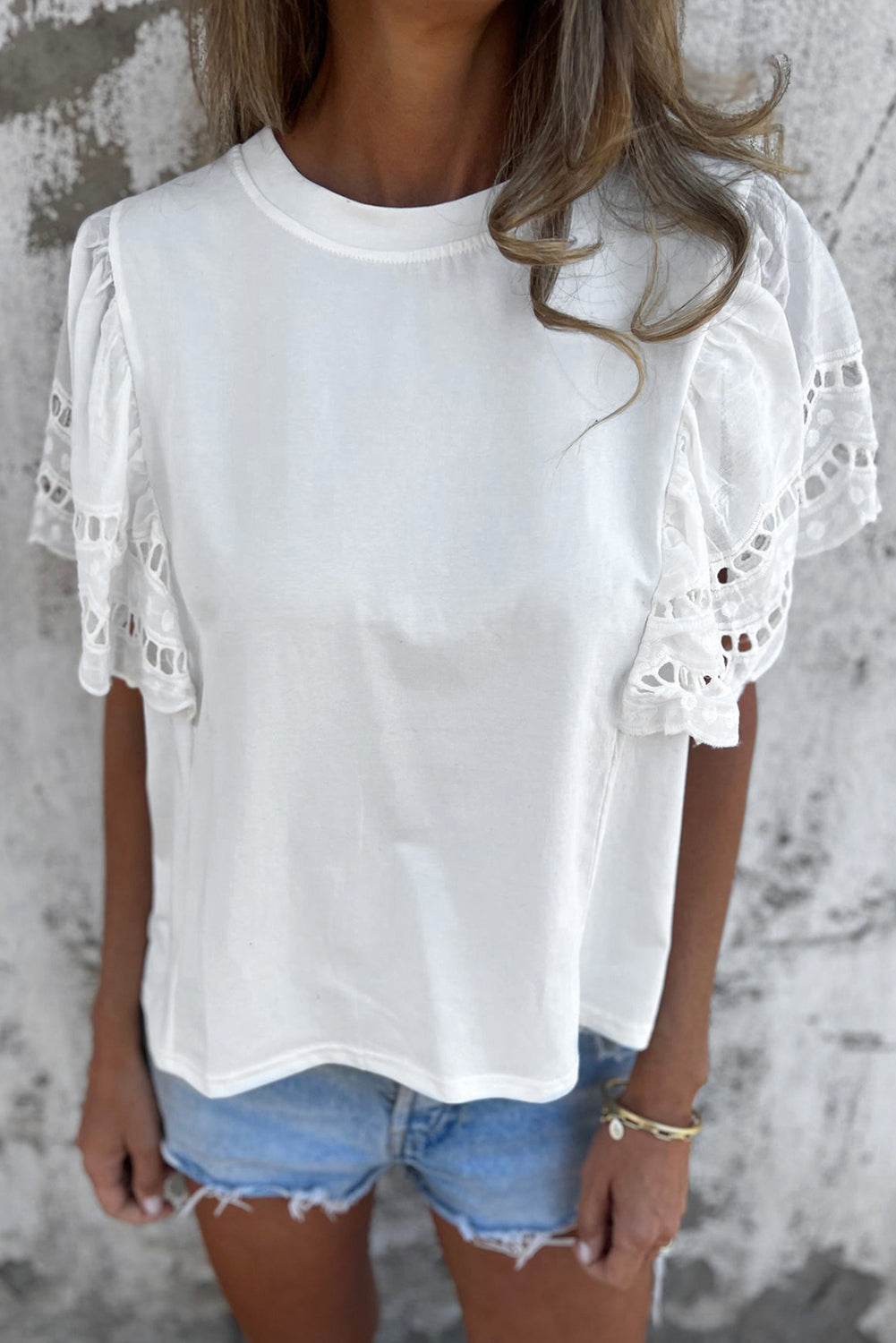 Embroidered White Flounce Sleeve Blouse with Hollow-Out Design