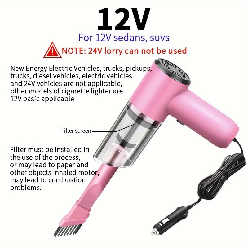 Powerful 12V Handheld Car Vacuum - Compact, Wired Design for Easy Dust & Pet Hair Removal, Includes Accessories Kit