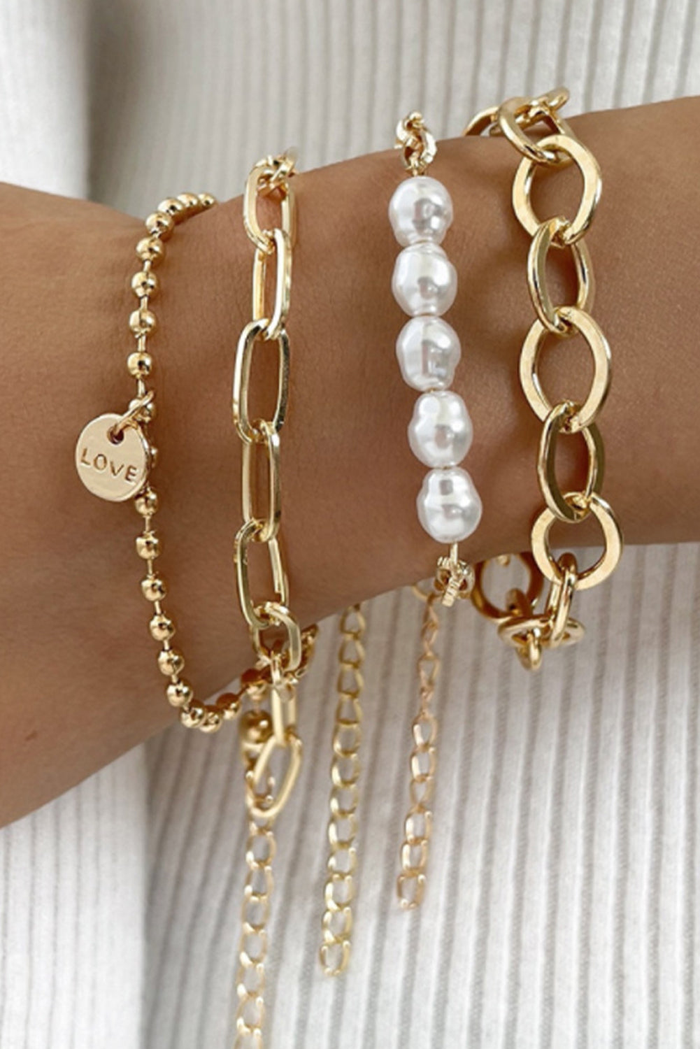 Gold Pearl Link Chain Love Alloy Bracelet for Elegant Style