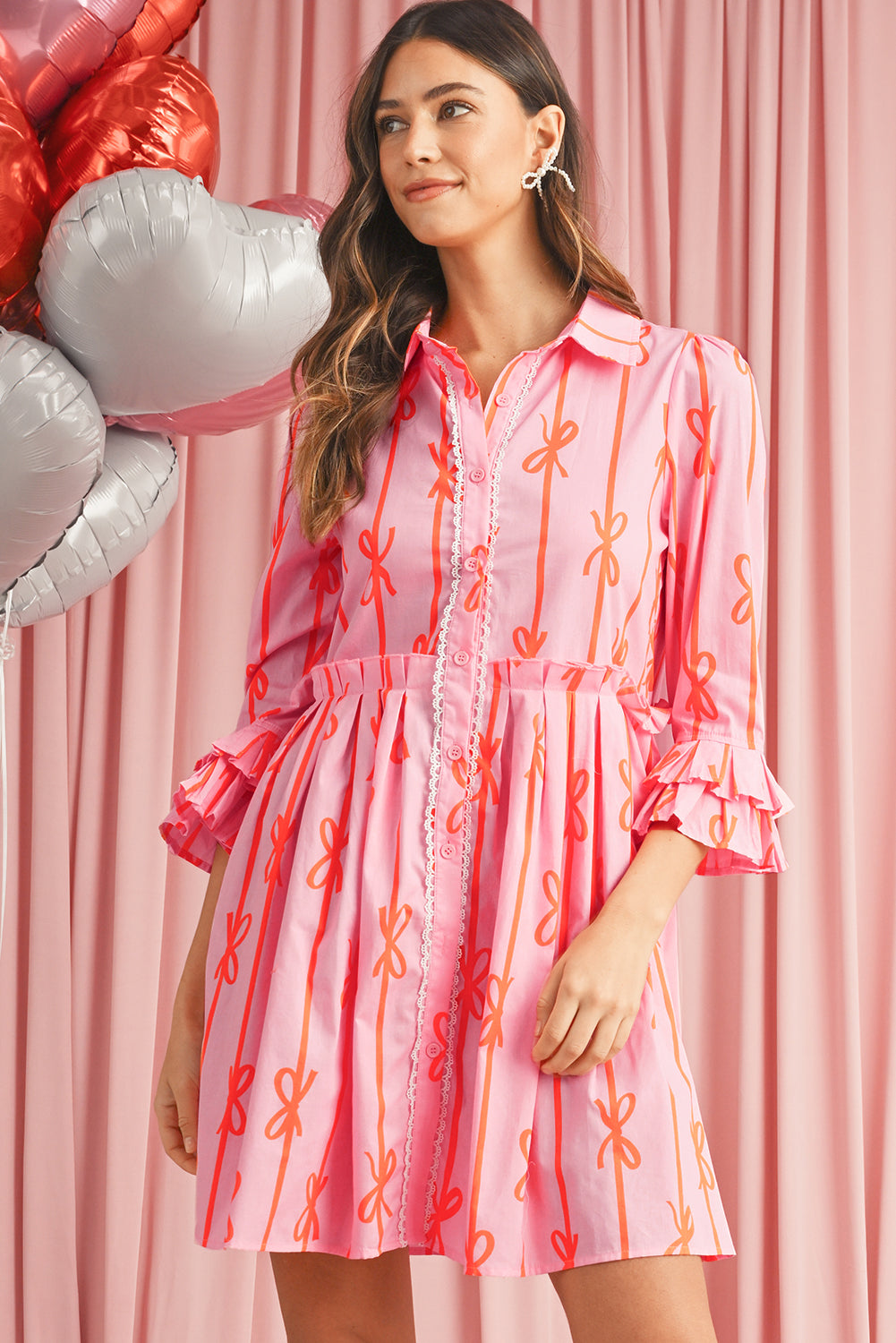 Pink Bowknot Striped Ruffle Mini Shirt Dress