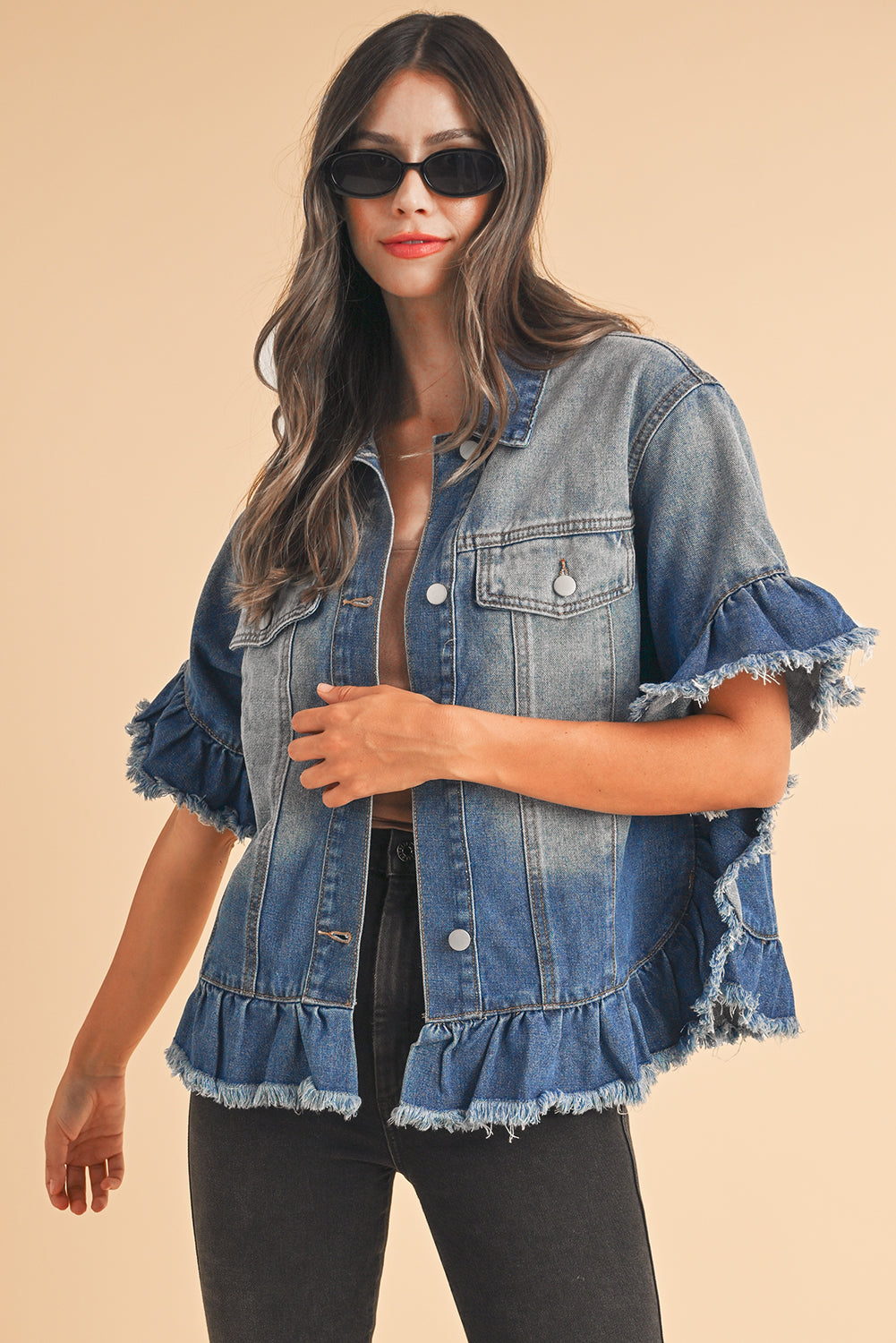 Peacock Blue Ruffled Denim Jacket with Raw Hem and Short Sleeves