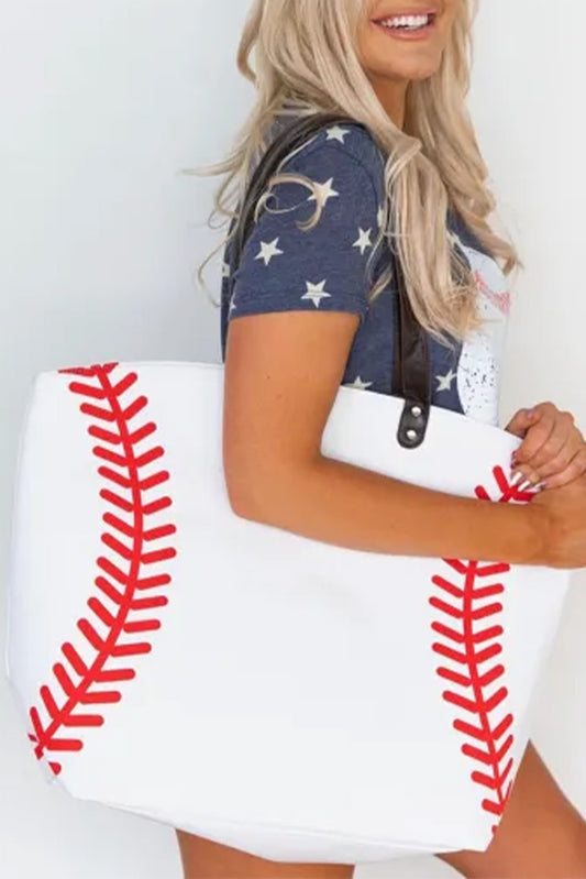 Sporty White Baseball Print Canvas Oversized Tote Bag