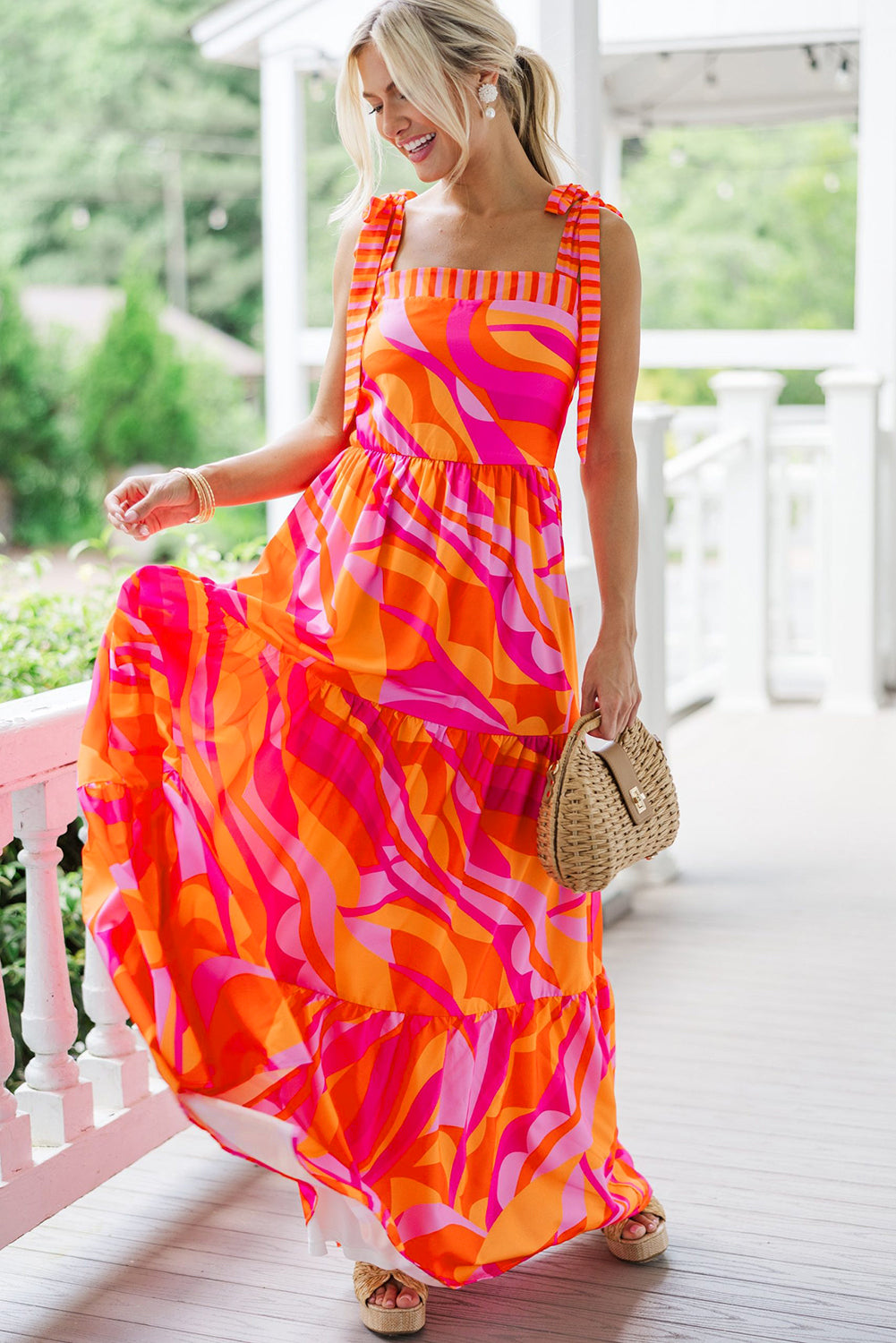 Crimson Artistic Print Knotted Shoulder High-Waisted Maxi Dress