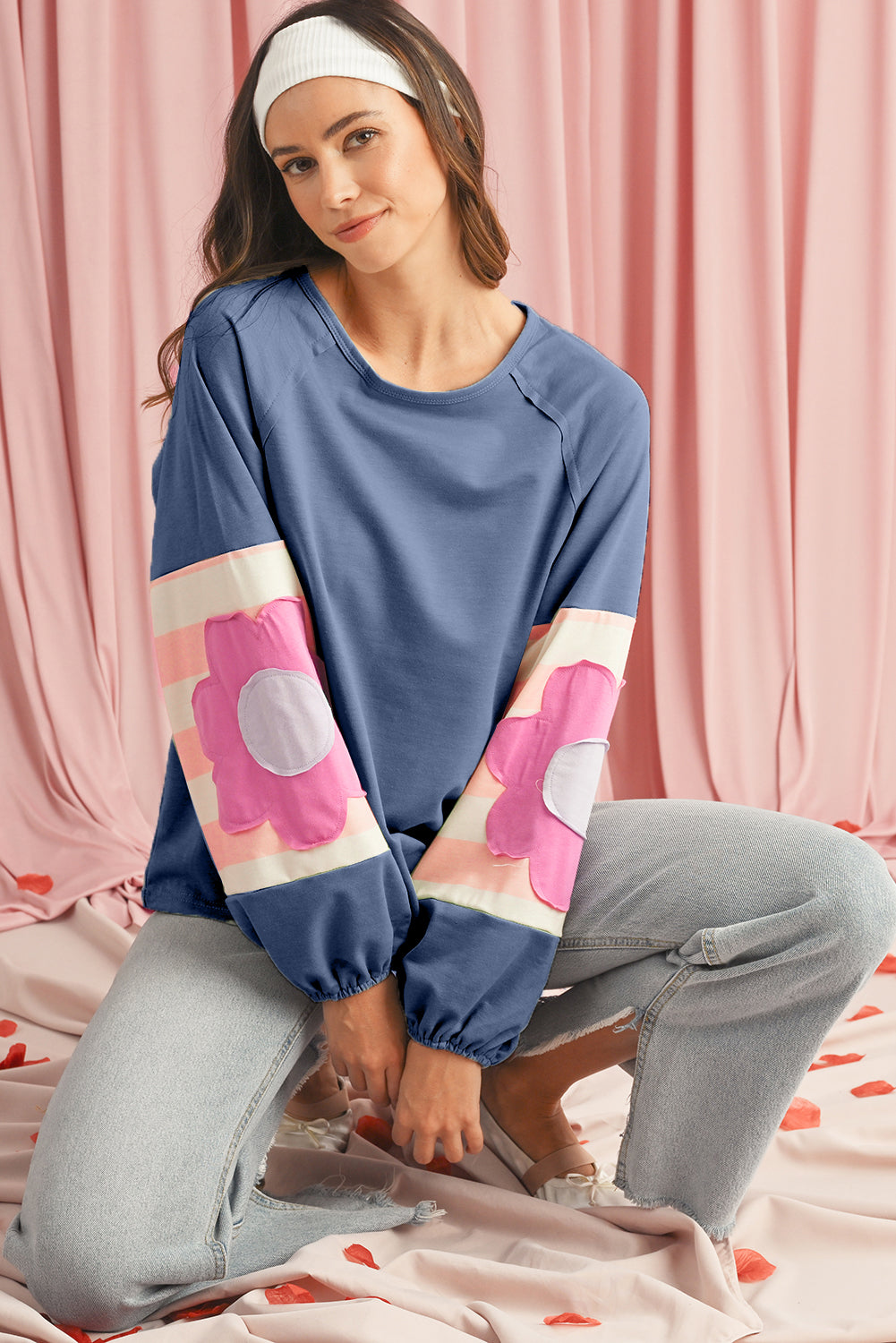 Sail Blue Flower Patchwork Exposed Seam Raglan Sleeve Top