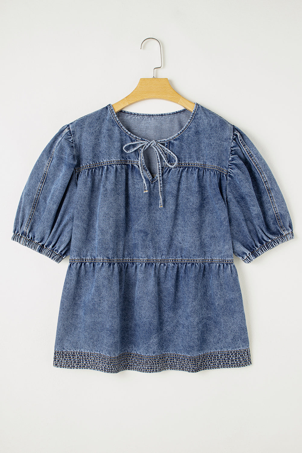 Sail Blue Plus Size Tie V Neck Puff Sleeve Denim Blouse