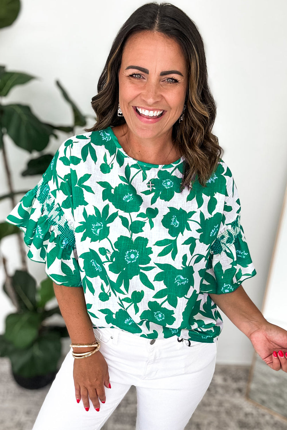 Blouse lâche à manches courtes à imprimé floral vert