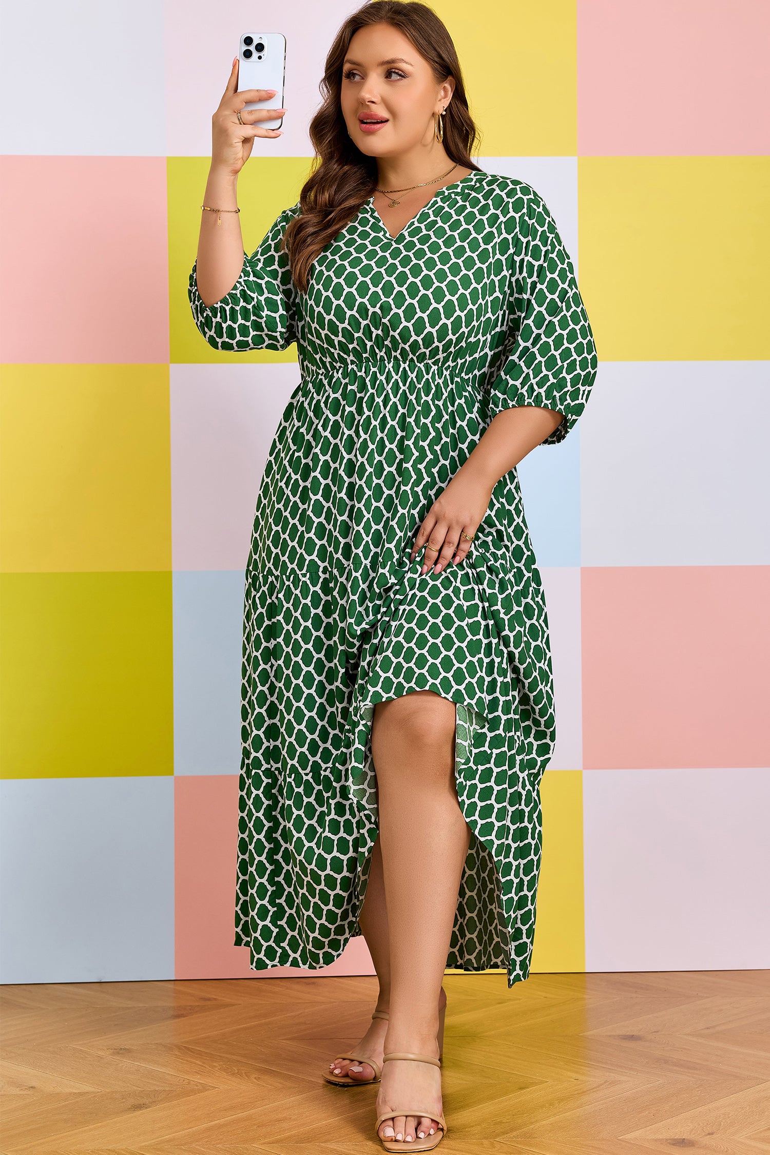 Green Plus Size Geometric Print Pocketed Ruffle Hem Casual Dress Green Plus Size Geometric Print Pocketed Ruffle Hem Casual Dress