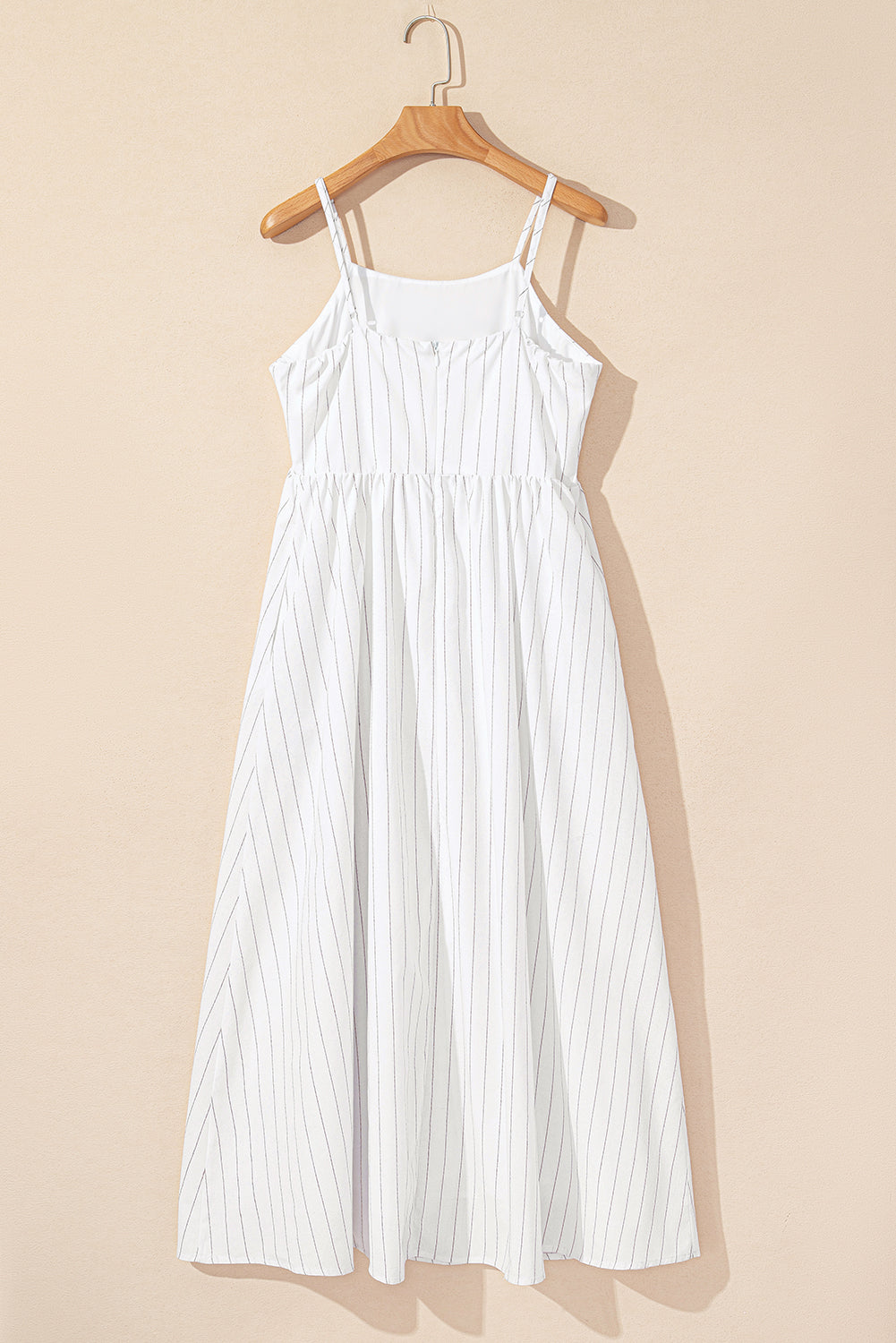 Beige Striped High Waist Maxi Dress with Spaghetti Straps and Pockets